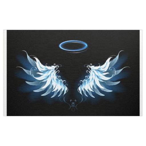 Blue Glowing Angel Wings on black background Fabric