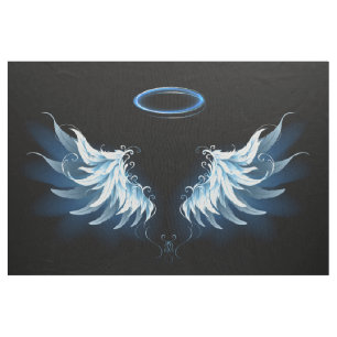 Blue Glowing Angel Wings on black background Fabric