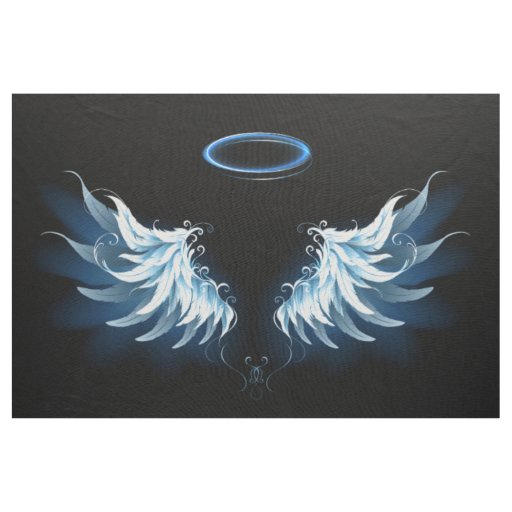 Blue Glowing Angel Wings on black background Fabric