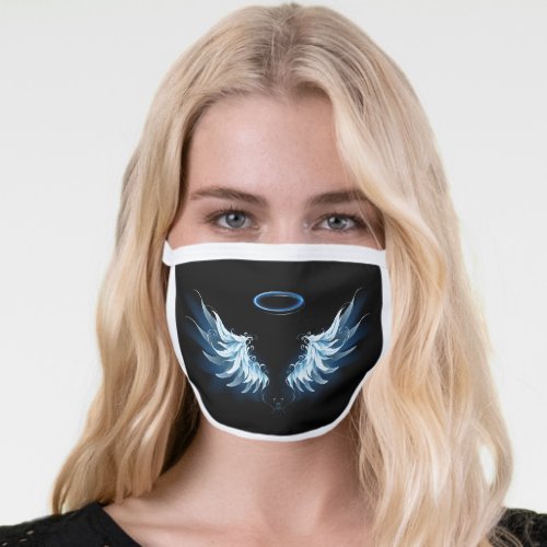 Blue Glowing Angel Wings on black background Face Mask