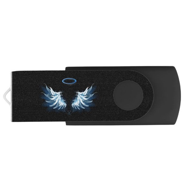 Blue Glowing Angel Wings on black background Flash Drive (Back)