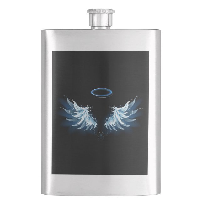 Blue Glowing Angel Wings on black background Flask (Front)