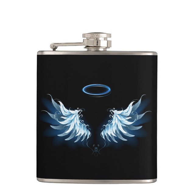 Blue Glowing Angel Wings on black background Flask (Front)