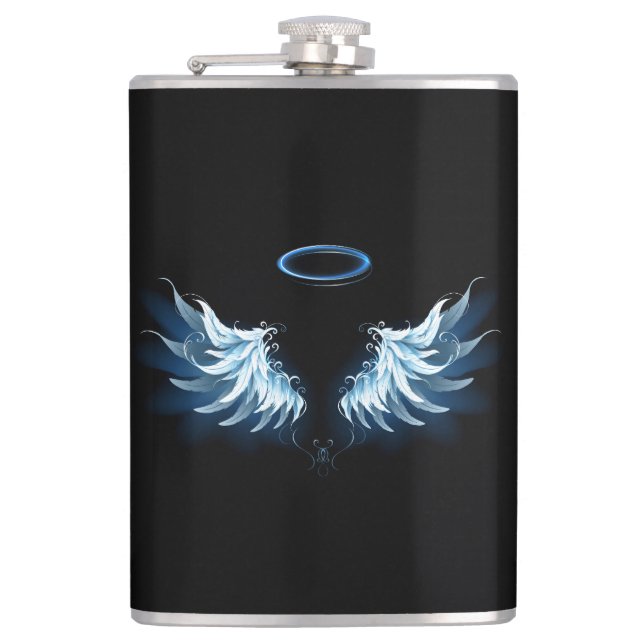 Blue Glowing Angel Wings on black background Flask (Front)