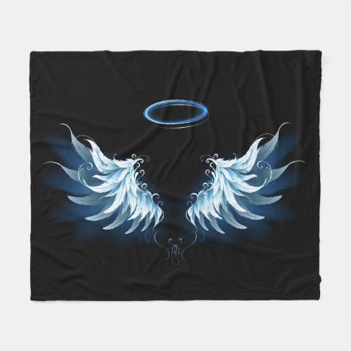 Blue Glowing Angel Wings on black background Fleece Blanket