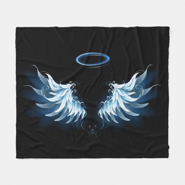 Blue Glowing Angel Wings on black background Fleece Blanket (Front (Horizontal))