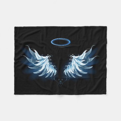 Blue Glowing Angel Wings on black background Fleece Blanket