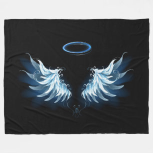 Blue Glowing Angel Wings on black background Fleece Blanket