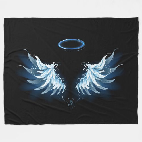 Blue Glowing Angel Wings on black background Fleece Blanket