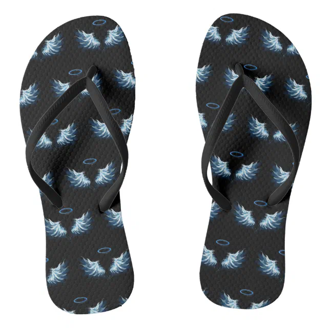 Blue Glowing Angel Wings on black background Flip Flops | Zazzle