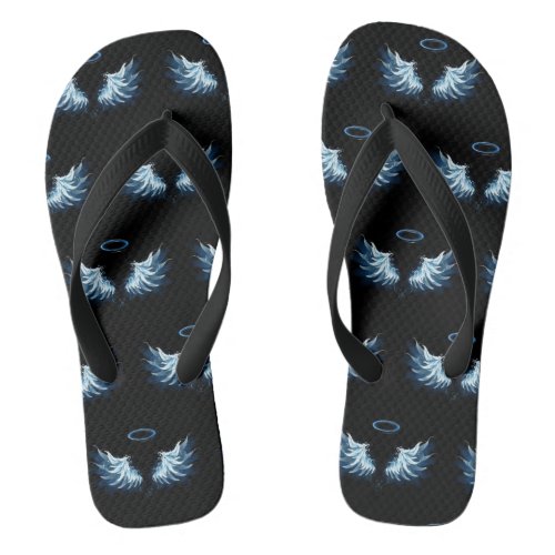 Blue Glowing Angel Wings on black background Flip Flops