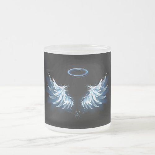 Blue Glowing Angel Wings on black background Frosted Glass Coffee Mug