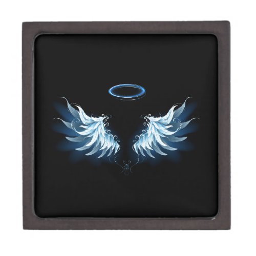 Blue Glowing Angel Wings on black background Gift Box