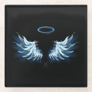 Blue Glowing Angel Wings on black background Glass Coaster