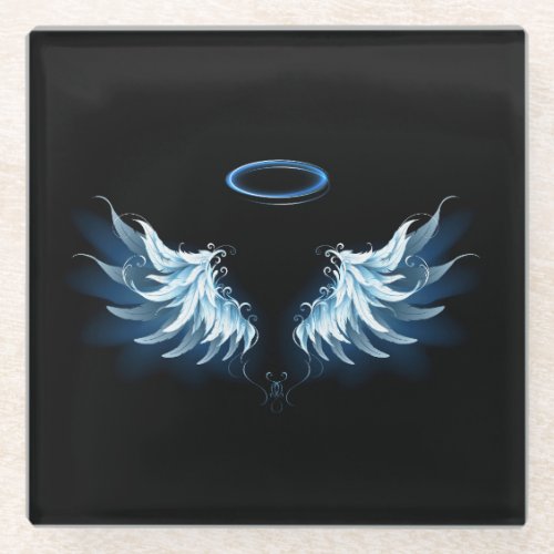 Blue Glowing Angel Wings on black background Glass Coaster