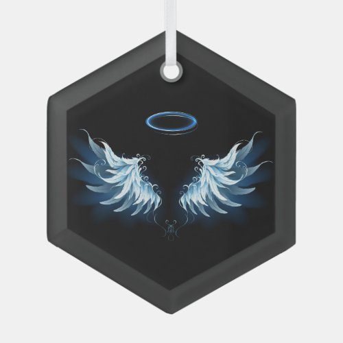 Blue Glowing Angel Wings on black background Glass Ornament
