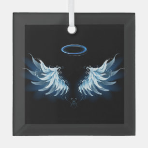 Blue Glowing Angel Wings on black background Glass Ornament