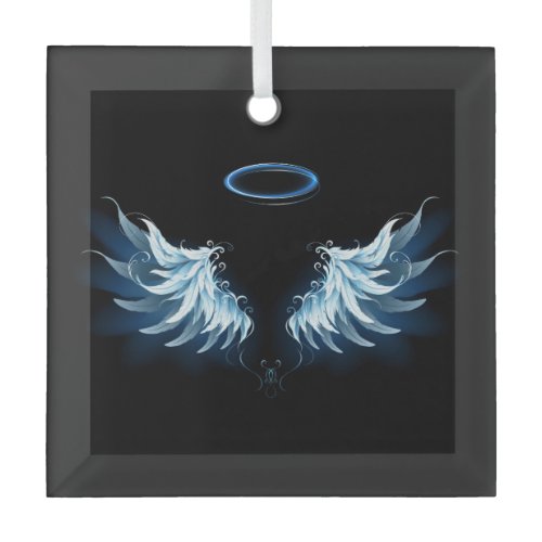 Blue Glowing Angel Wings on black background Glass Ornament