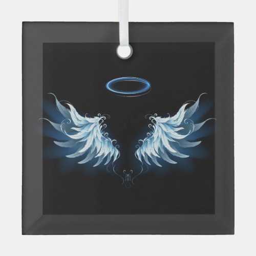 Blue Glowing Angel Wings on black background Glass Ornament