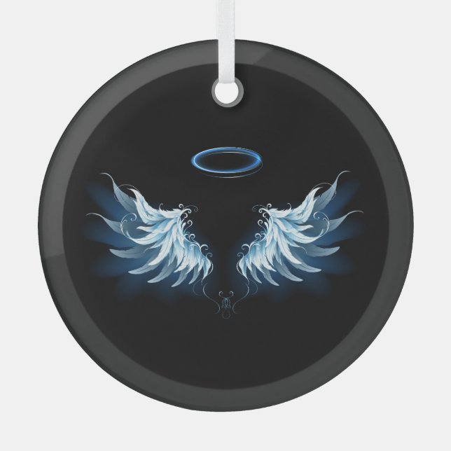 Blue Glowing Angel Wings on black background Glass Ornament (Front)
