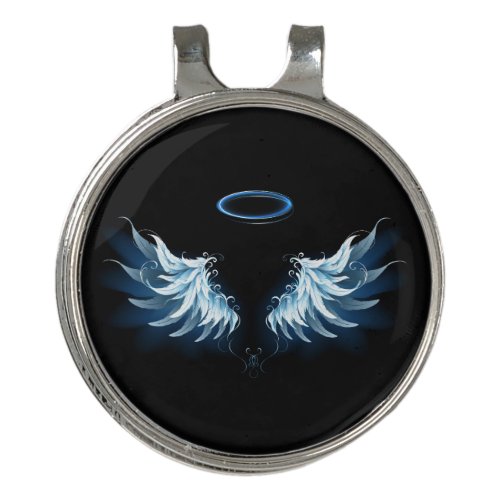 Blue Glowing Angel Wings on black background Golf Hat Clip