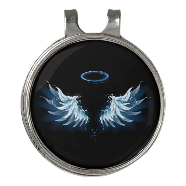 Blue Glowing Angel Wings on black background Golf Hat Clip (Front)