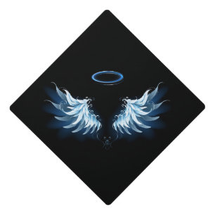 Blue Glowing Angel Wings on black background Graduation Cap Topper