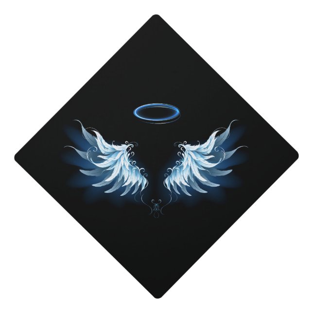 Blue Glowing Angel Wings on black background Graduation Cap Topper (Front)