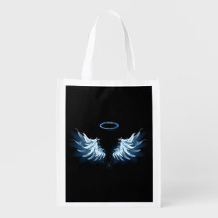 Blue Glowing Angel Wings on black background Grocery Bag