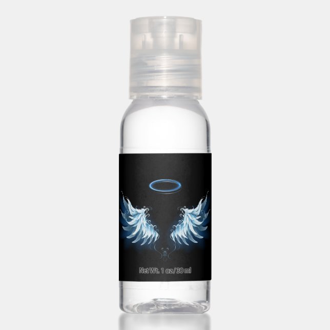 Blue Glowing Angel Wings on black background Hand Sanitizer (Front)