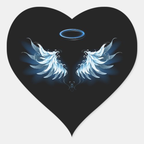 Blue Glowing Angel Wings on black background Heart Sticker