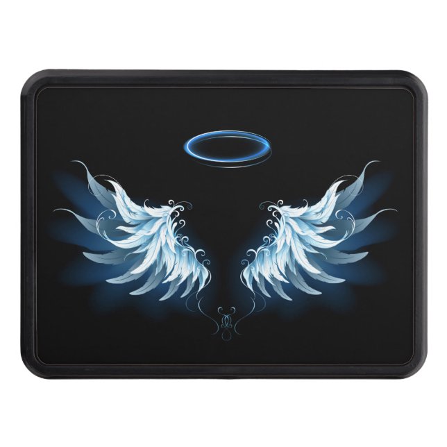 Blue Glowing Angel Wings on black background Hitch Cover (Front)