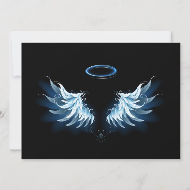 Blue Glowing Angel Wings on black background Holiday Card (Front)