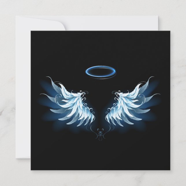 Blue Glowing Angel Wings on black background Holiday Card (Front)