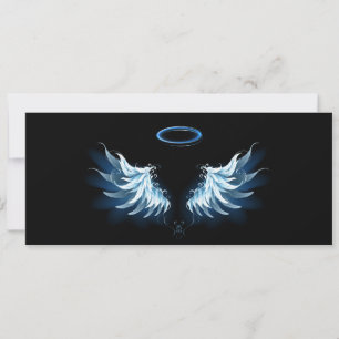 Blue Glowing Angel Wings on black background Holiday Card