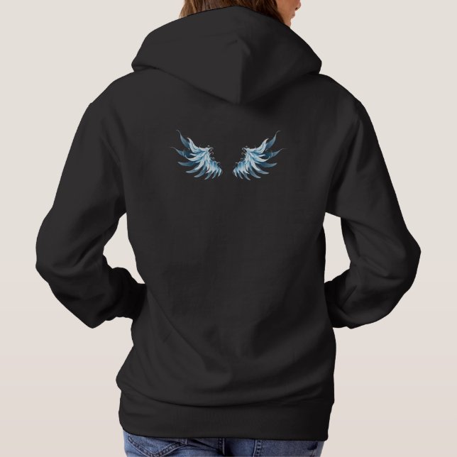 Blue Glowing Angel Wings on black background Hoodie (Back)