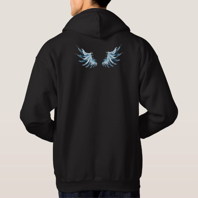 Blue Glowing Angel Wings on black background Hoodie (Back)