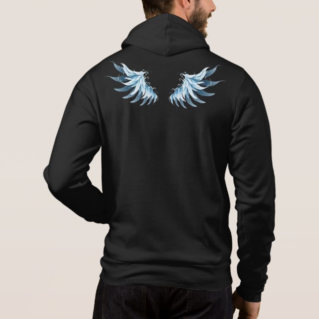 Blue Glowing Angel Wings on black background Hoodie (Back)