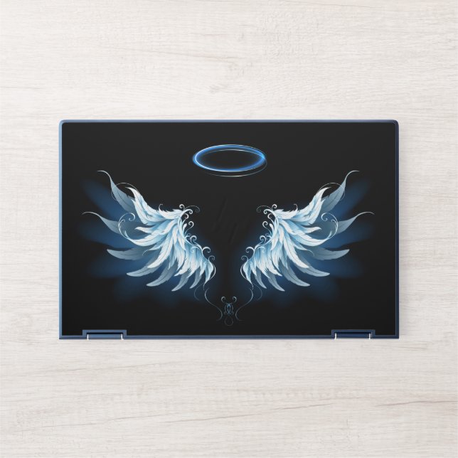 Blue Glowing Angel Wings on black background HP Laptop Skin (Front)