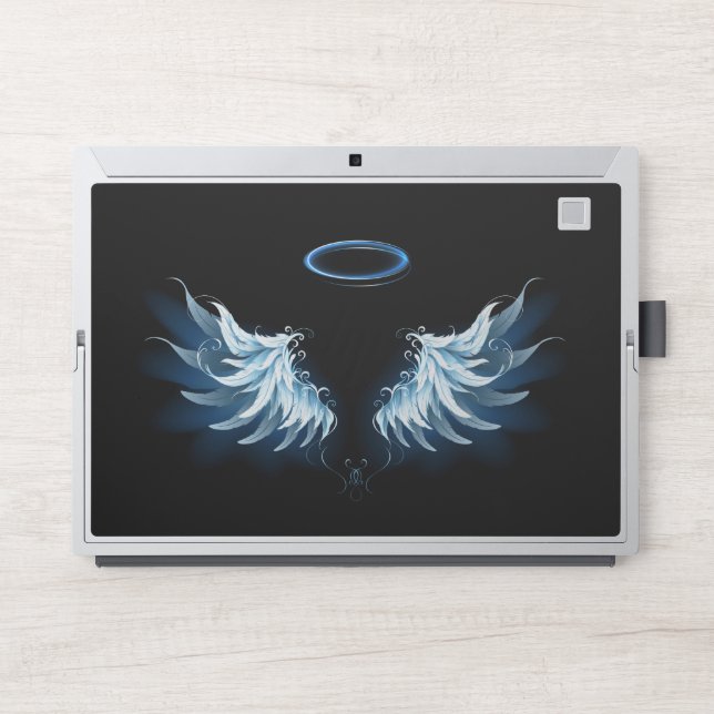 Blue Glowing Angel Wings on black background HP Laptop Skin (Front)