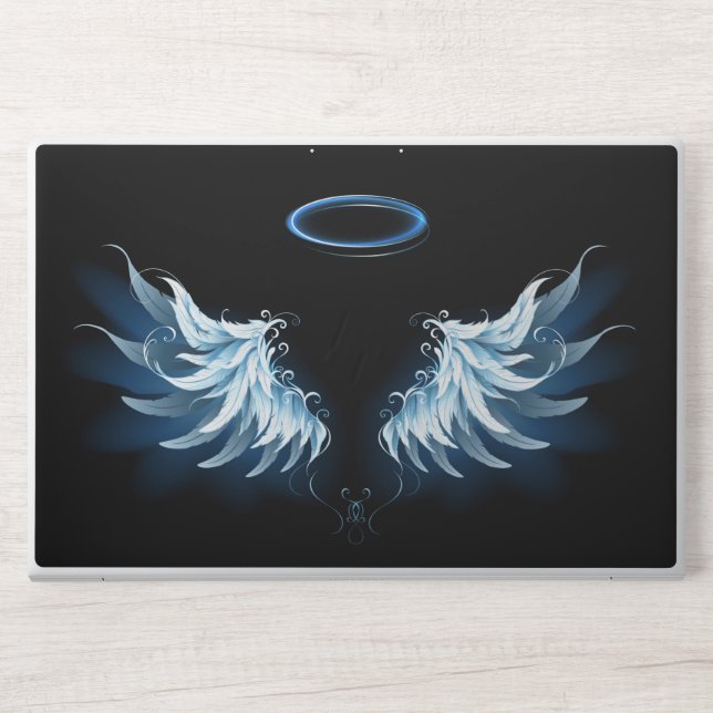 Blue Glowing Angel Wings on black background HP Laptop Skin (Front)