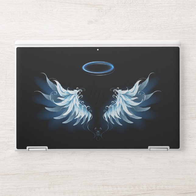 Blue Glowing Angel Wings on black background HP Laptop Skin (Front)