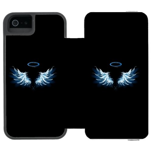 Blue Glowing Angel Wings on black background iPhone SE55s Wallet Case