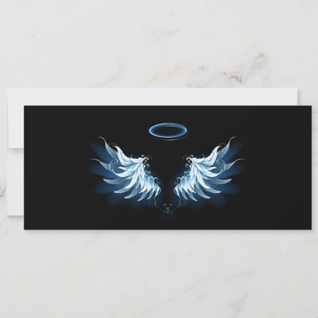 Blue Glowing Angel Wings on black background Invitation (Front)