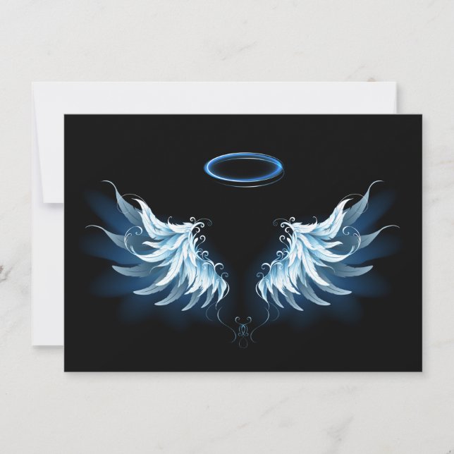 Blue Glowing Angel Wings on black background Invitation (Front)