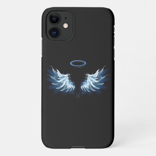 Blue Glowing Angel Wings on black background iPhone 11 Case