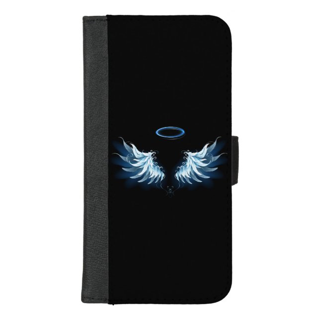 Blue Glowing Angel Wings on black background iPhone Wallet Case (Front)