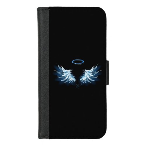 Blue Glowing Angel Wings on black background iPhone 87 Wallet Case