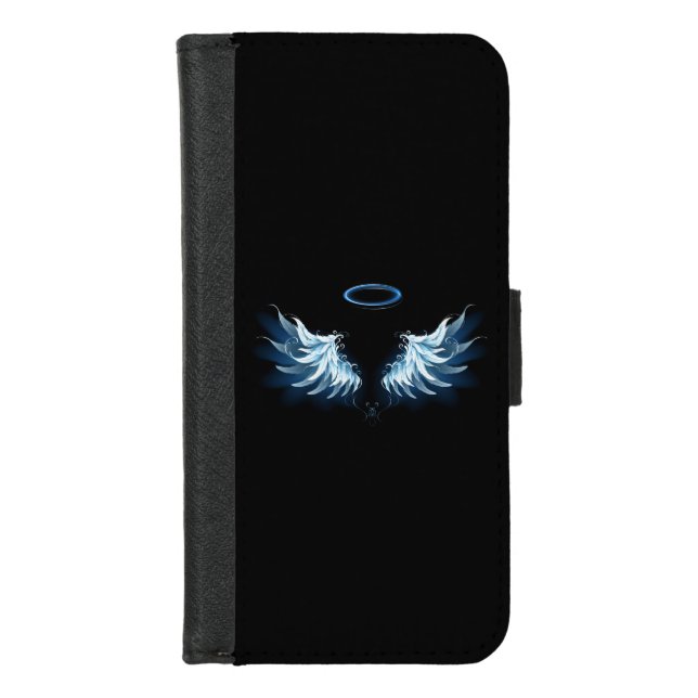 Blue Glowing Angel Wings on black background iPhone Wallet Case (Front)