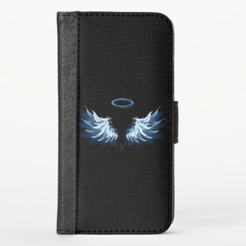 Blue Glowing Angel Wings on black background iPhone XS Wallet Case